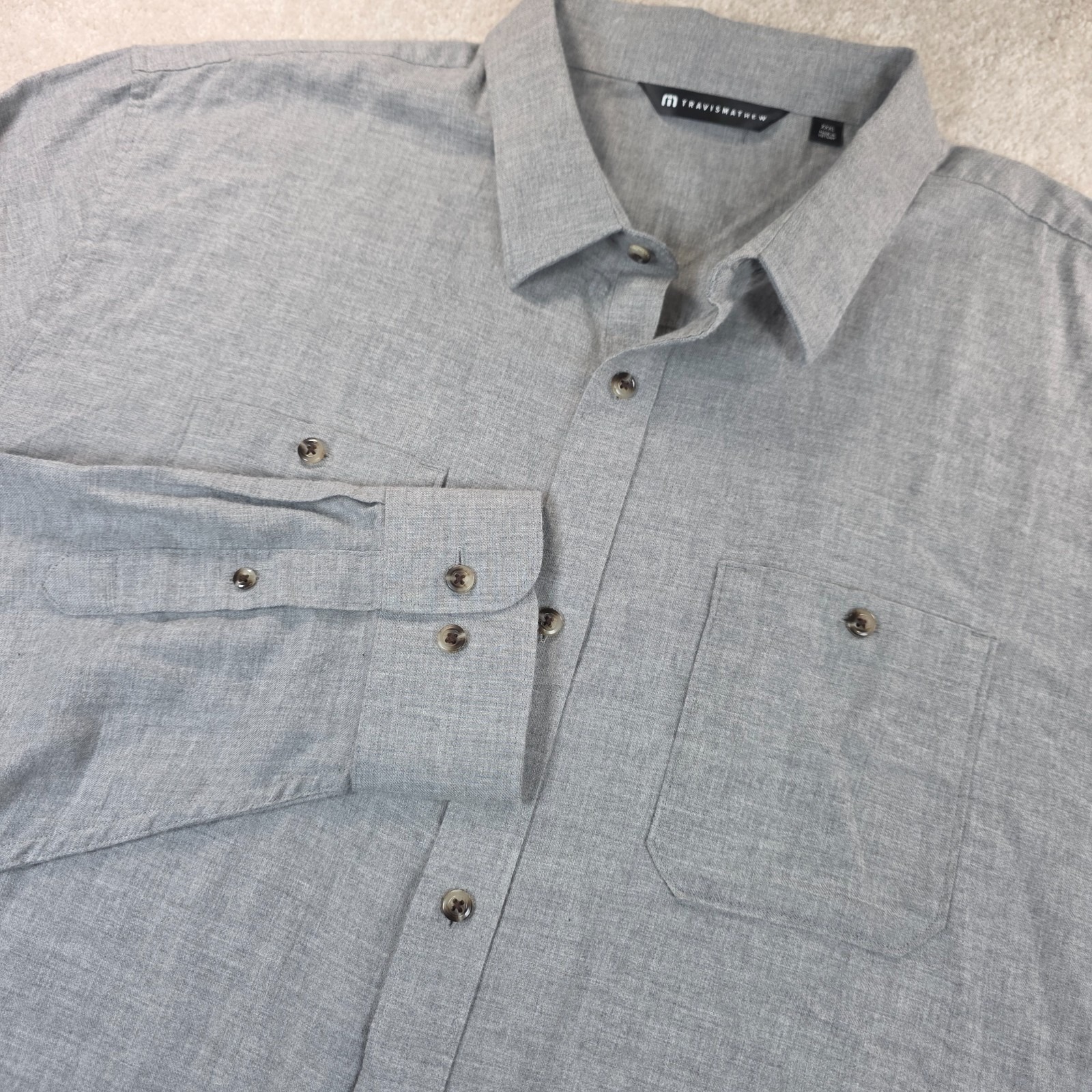 Travis Mathew Shirt Mens 2xl Gray Cloud Flannel Button-Up Dual Chest Pocket Nwt